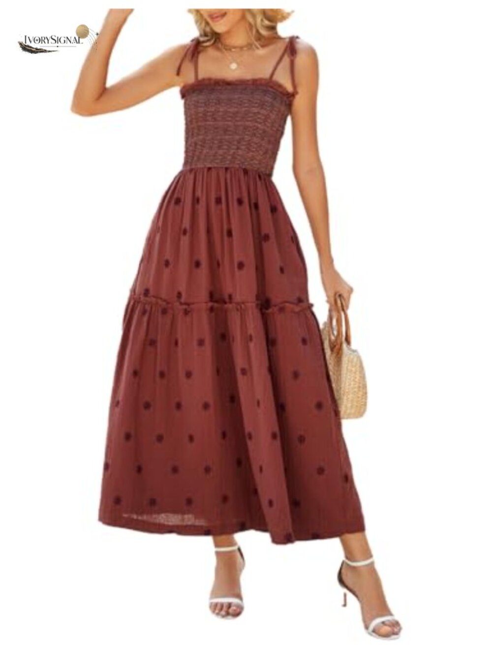 Floral Embroidered Maxi Dress Sleeveless Tie Shoulder Smocked Boho Sundress